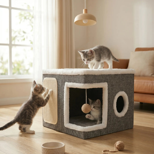 4-In-1 Foldable Cat House Villa - Luxury Indoor Cat Condo with Scratch Pad & Reversible Cushion Cat Stuff for Indoor Multi-Functional Pet Hideaway